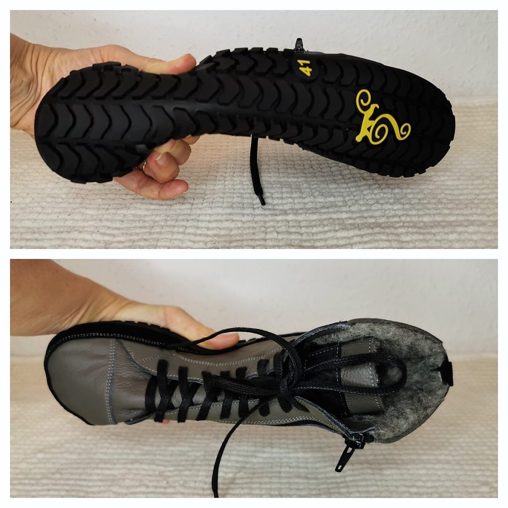 egy szürke Magical Alaskan X barefoot csizma oldalról összenyomva, elöl- és hátulnézetben