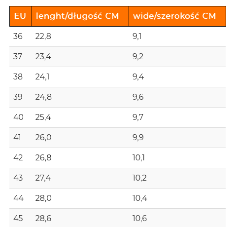 Magical Shoes mérettáblázat